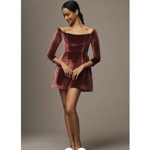Anthropologie Hutch Velvet Mini Dress Women's Red Long-Sleeve Square-Neck Size 8